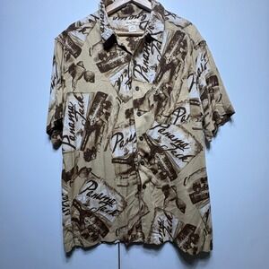 Panama Jack Shirt Mens L Tan Brown Rum Bottle Print Rayon Short Sleeve Button Up